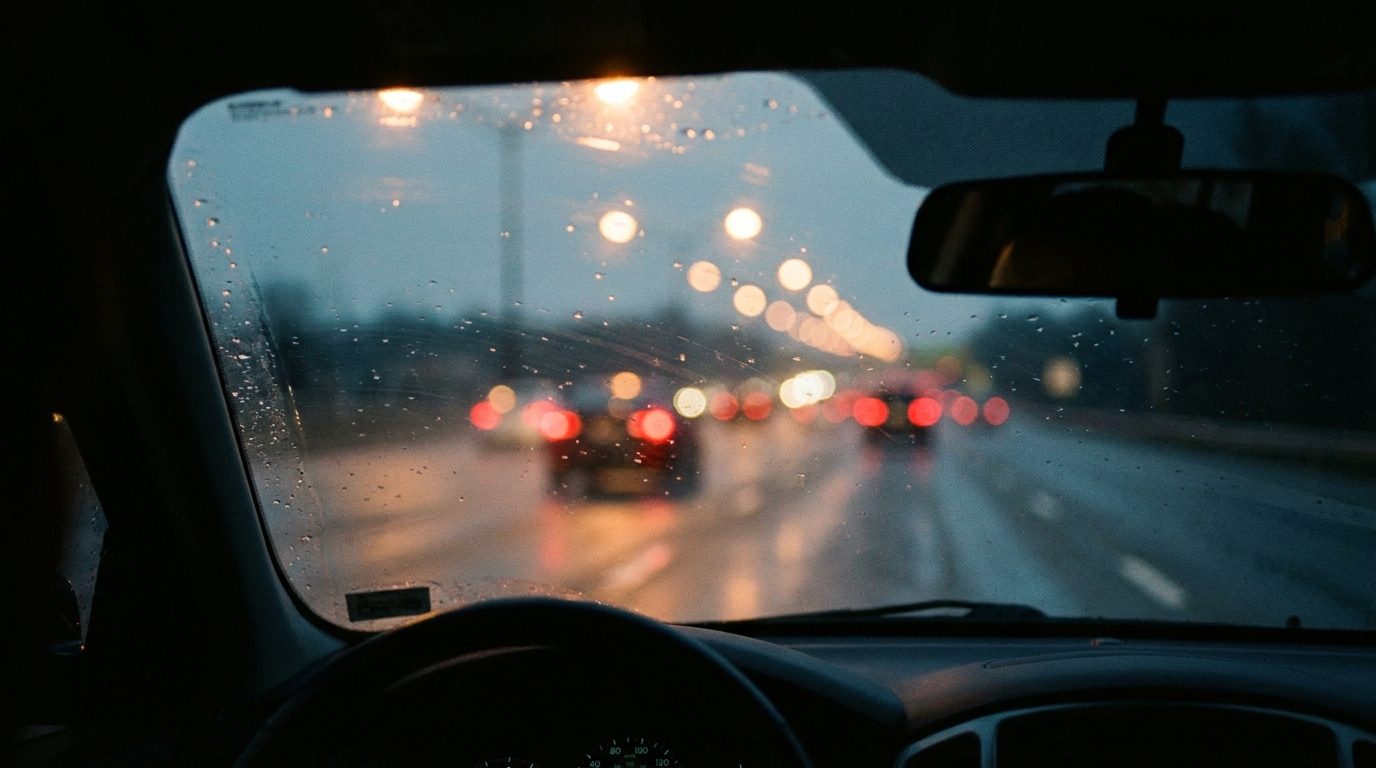 Rain on a windshield with tail lights ahead