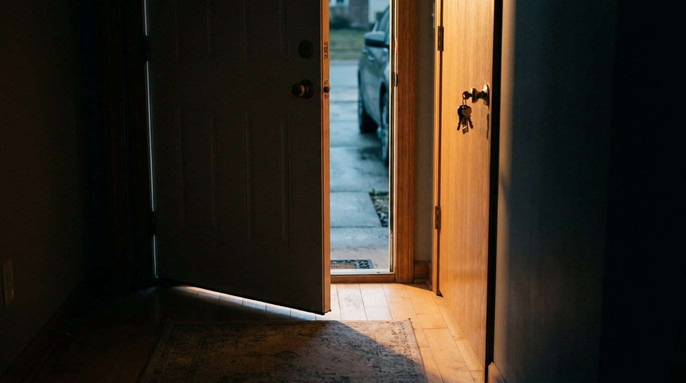A front door standing open at dawn with keys in the lock